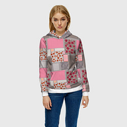 Толстовка-худи женская Розово-серые разноцветные лоскуты, цвет: 3D-белый — фото 2