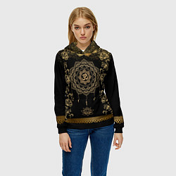 Толстовка-худи женская Лотос мандала и символ Ом с золотыми узорами, цвет: 3D-черный — фото 2