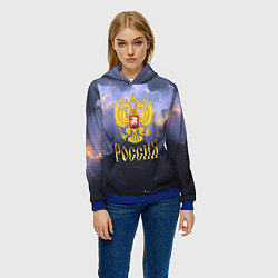 Толстовка-худи женская Молнии в небе и герб России, цвет: 3D-синий — фото 2