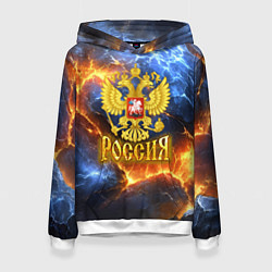 Толстовка-худи женская Россия герб и огонь, цвет: 3D-белый