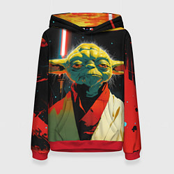 Толстовка-худи женская Йода космический фон, цвет: 3D-красный