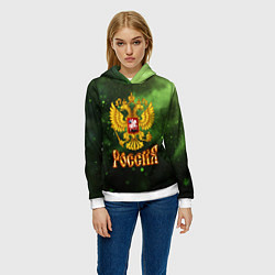 Толстовка-худи женская Герб России на зеленом с частицами фоне, цвет: 3D-белый — фото 2