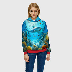 Толстовка-худи женская Белая акула в коралловом рифе, цвет: 3D-красный — фото 2