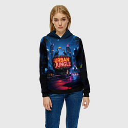 Толстовка-худи женская Городские здания зеленые растения и попугаи, цвет: 3D-черный — фото 2
