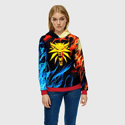 Толстовка-худи женская Ведьмак огненное лого в огне, цвет: 3D-красный — фото 2