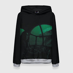 Толстовка-худи женская Нападение Тилозавра на девушку в батискафе ужасы, цвет: 3D-меланж