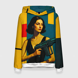 Толстовка-худи женская Девушка с ретрофутуристическим автоматом поп-арт 1, цвет: 3D-белый