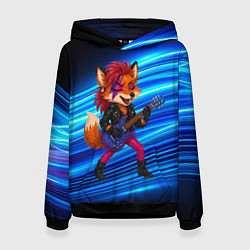 Толстовка-худи женская Лиса в косухе и гитарой - рок звезда, цвет: 3D-черный