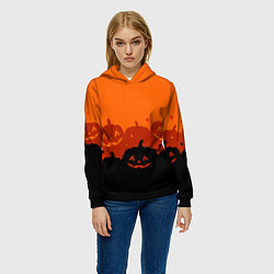 Толстовка-худи женская Хэллоуин счастливые тыквы, цвет: 3D-черный — фото 2