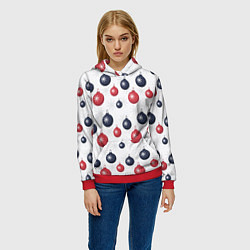 Толстовка-худи женская Синие и красные новогодние шары со снежинками, цвет: 3D-красный — фото 2