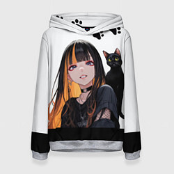 Толстовка-худи женская Девушка и кот, цвет: 3D-меланж