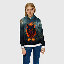 Толстовка-худи женская Stay wild волк в огне, цвет: 3D-белый — фото 2