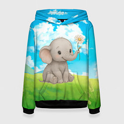 Толстовка-худи женская Слоненок с цветочком, цвет: 3D-черный