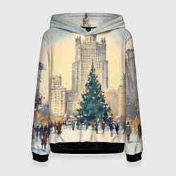 Толстовка-худи женская Москва новогодняя елка, цвет: 3D-черный