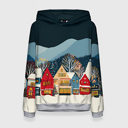Толстовка-худи женская Новогодний городок в горах, цвет: 3D-меланж