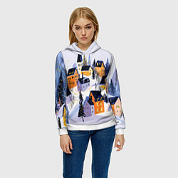 Толстовка-худи женская Новогодние домики на горе, цвет: 3D-белый — фото 2