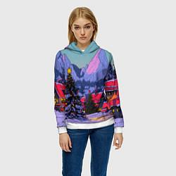 Толстовка-худи женская Новогодние елки в горном городке, цвет: 3D-белый — фото 2