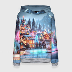 Толстовка-худи женская Городок в новогодних огоньках, цвет: 3D-меланж