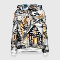 Толстовка-худи женская Объемные новогодние дома, цвет: 3D-белый