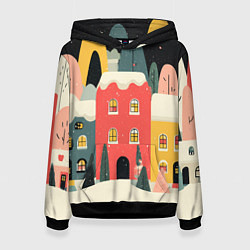 Толстовка-худи женская Разноцветные новогодние дома, цвет: 3D-черный