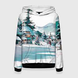 Толстовка-худи женская Дома и елки - Новый год, цвет: 3D-черный