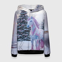 Толстовка-худи женская Геометрическая новогодняя лошадка, цвет: 3D-черный