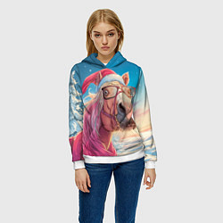 Толстовка-худи женская Новогодняя лошадь в очках, цвет: 3D-белый — фото 2