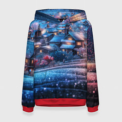 Толстовка-худи женская Новогодний двор в блестках, цвет: 3D-красный