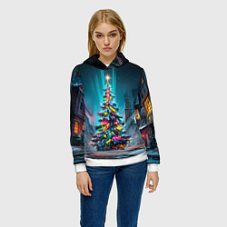 Толстовка-худи женская Новогодняя елка в гирляндах, цвет: 3D-белый — фото 2