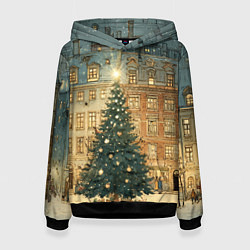 Толстовка-худи женская Новогодний старый город, цвет: 3D-черный