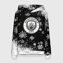 Толстовка-худи женская Манчестер сити снежинки новый год, цвет: 3D-белый