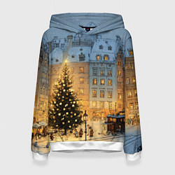 Толстовка-худи женская Новый год в старом уютном городе, цвет: 3D-белый