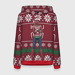 Толстовка-худи женская Человек паук в вязаном свитере - новый год, цвет: 3D-красный