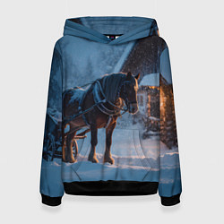 Толстовка-худи женская Лошадь у избы, цвет: 3D-черный