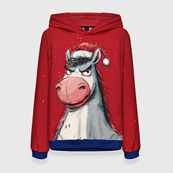 Толстовка-худи женская Недовольная новогодняя лошадь, цвет: 3D-синий