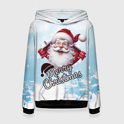 Толстовка-худи женская Санта в зимнем лесу, цвет: 3D-черный