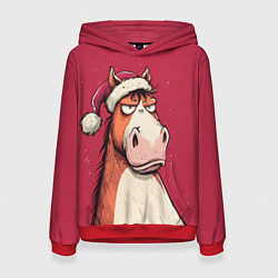 Толстовка-худи женская Комичная новогодняя лошадь, цвет: 3D-красный