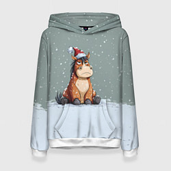 Толстовка-худи женская Лошадка на фоне снегопада, цвет: 3D-белый