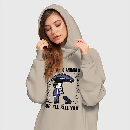 Женская толстовка-платье Be kind to animals or I'll kil / Миндальный – фото 3