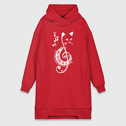 Женское худи-платье Котик музыкальный белый, цвет: красный