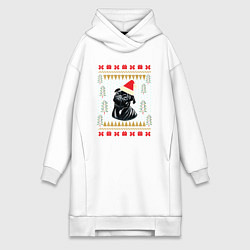 Женское худи-платье Рождественский свитер Черный мопс, цвет: белый