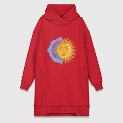 Женское худи-платье Солнца и луна с лицами, цвет: красный