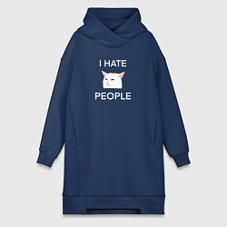 Женская толстовка-платье I hate people, текст с белым мемным котом