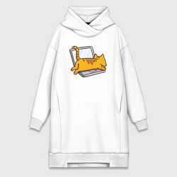 Женское худи-платье Котик лежит на ноутбуке, цвет: белый