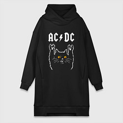 Женское худи-платье AC DC rock cat, цвет: черный