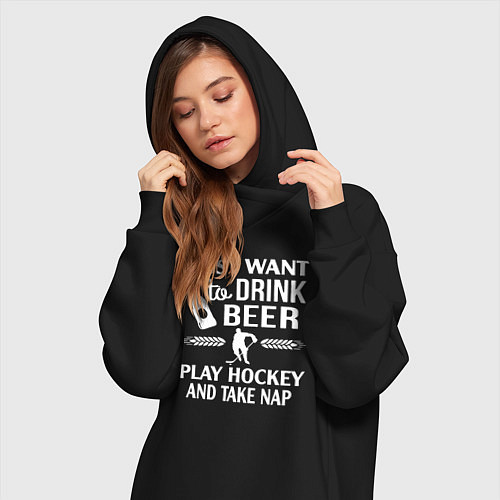 Женская толстовка-платье Я просто хочу пить пиво играть в хоккей и вздремну / Черный – фото 3
