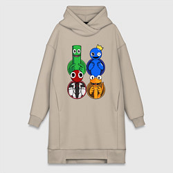 Женское худи-платье Радужные друзья: Зеленый, Синий, Оранжевый и Красн, цвет: миндальный