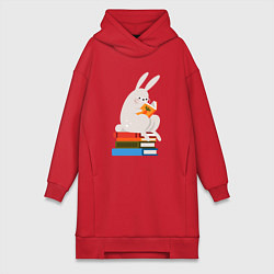 Женское худи-платье Читающий кролик на книгах, цвет: красный