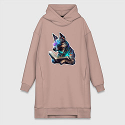 Женское худи-платье Киберпанк собака с книгой, цвет: пыльно-розовый