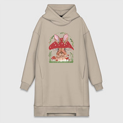 Женское худи-платье Зайчик в шляпке-гриб, цвет: миндальный